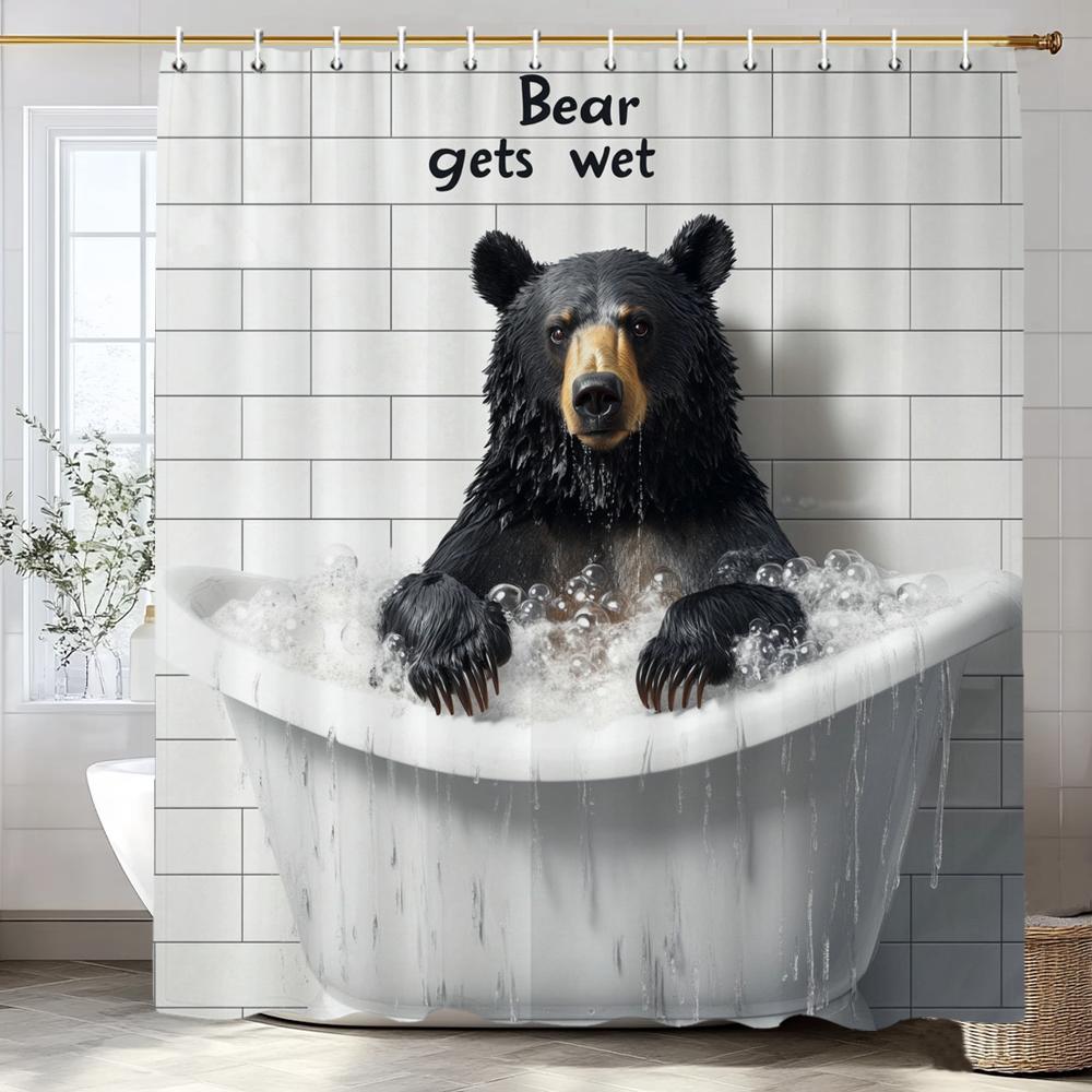 Cute Brown Bear in Bath Shower Curtain, Bathroom Decorative Shower Curtain, Waterproof Shower Curtain with Hooks