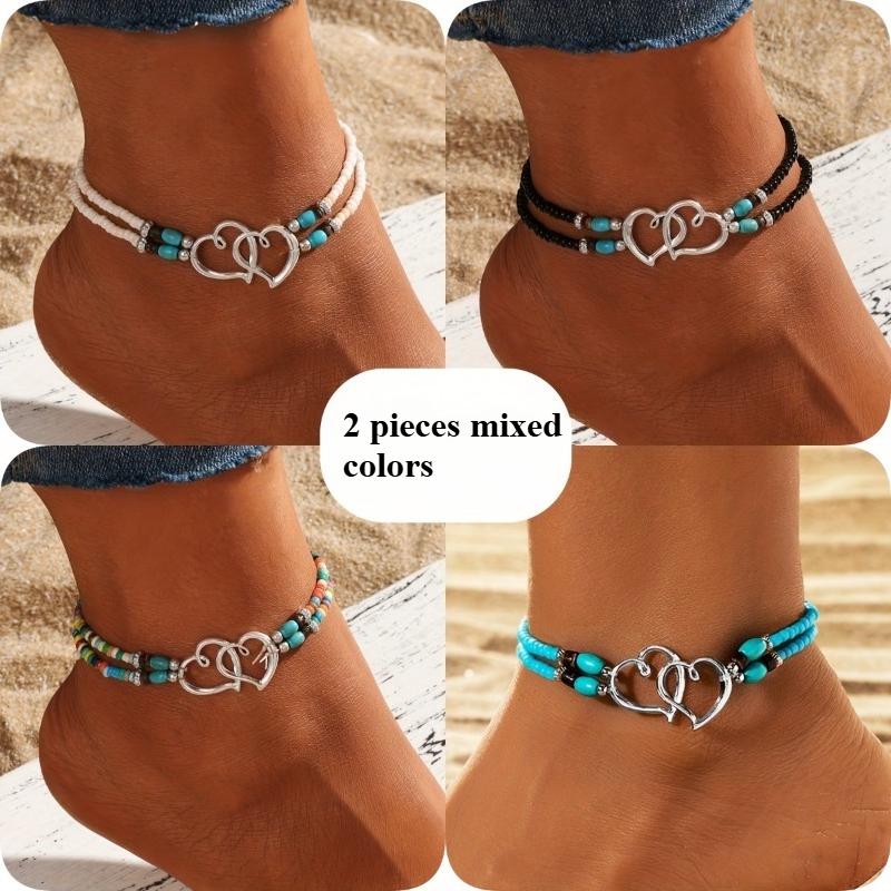Набор из 2 богемных браслетов на щиколотку с бусинами для женщин, сверкающие разноцветные полые двойные сердечки, браслеты из бисера