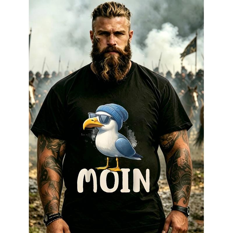 Men'S T-Shirt Black Seagull With Hat And Glasses Moin Text Casual Wear For Beach And Daily Use, Plus Size
