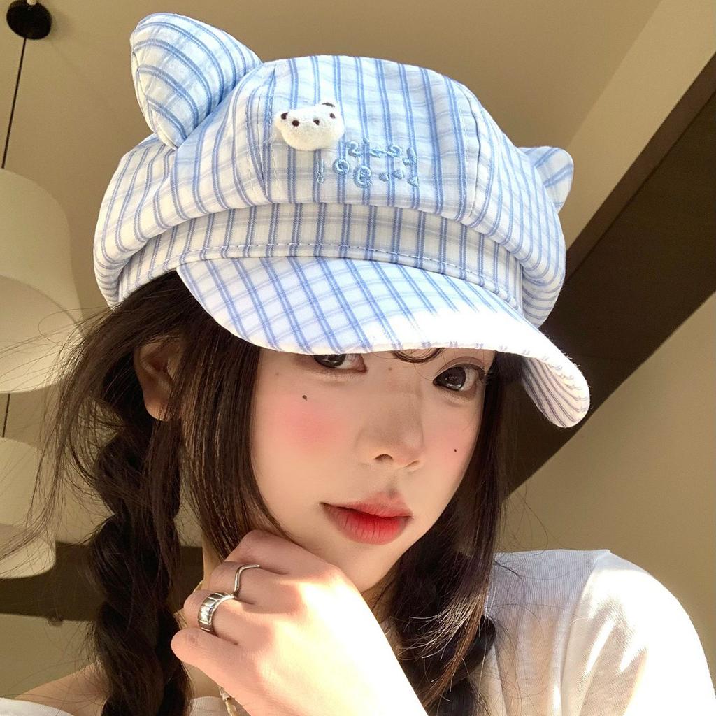 Cute Plaid Cat Ears Beret Female Spring And Summer Sweet Face Small Octagonal Hat Big Head Circumference Newsboy Painter Hat
