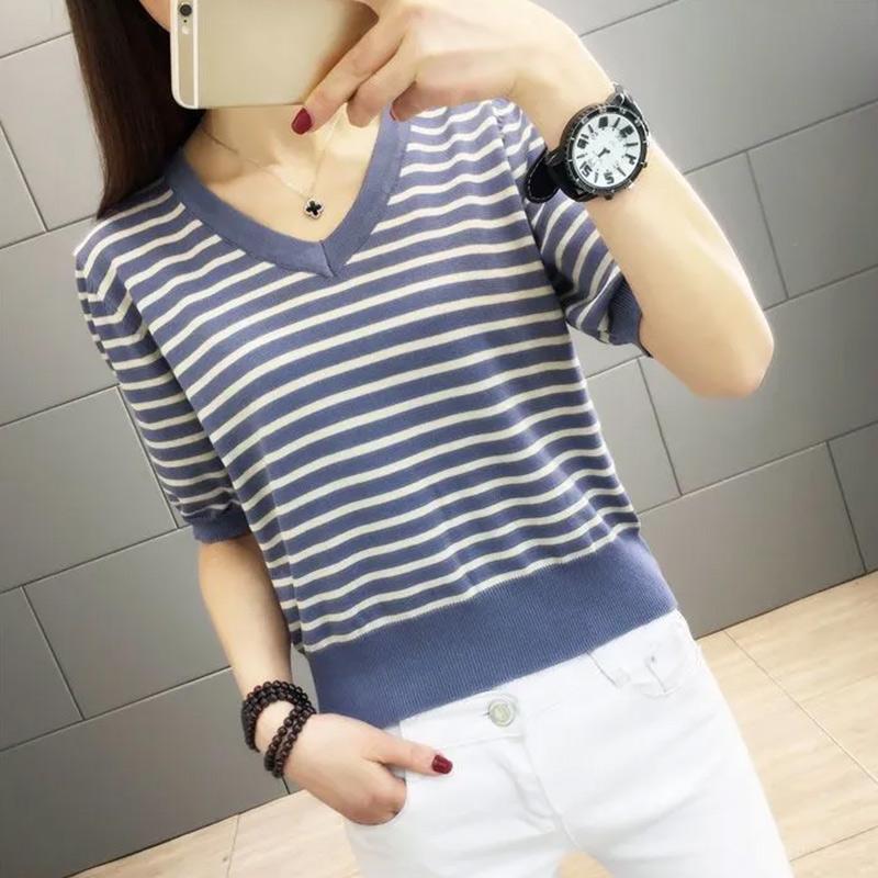 

Футболка женская, вязаный свитер в полоску из ледяного шелка, короткий свободный летний женский топ с короткими рукавами, тонкий XXL синий