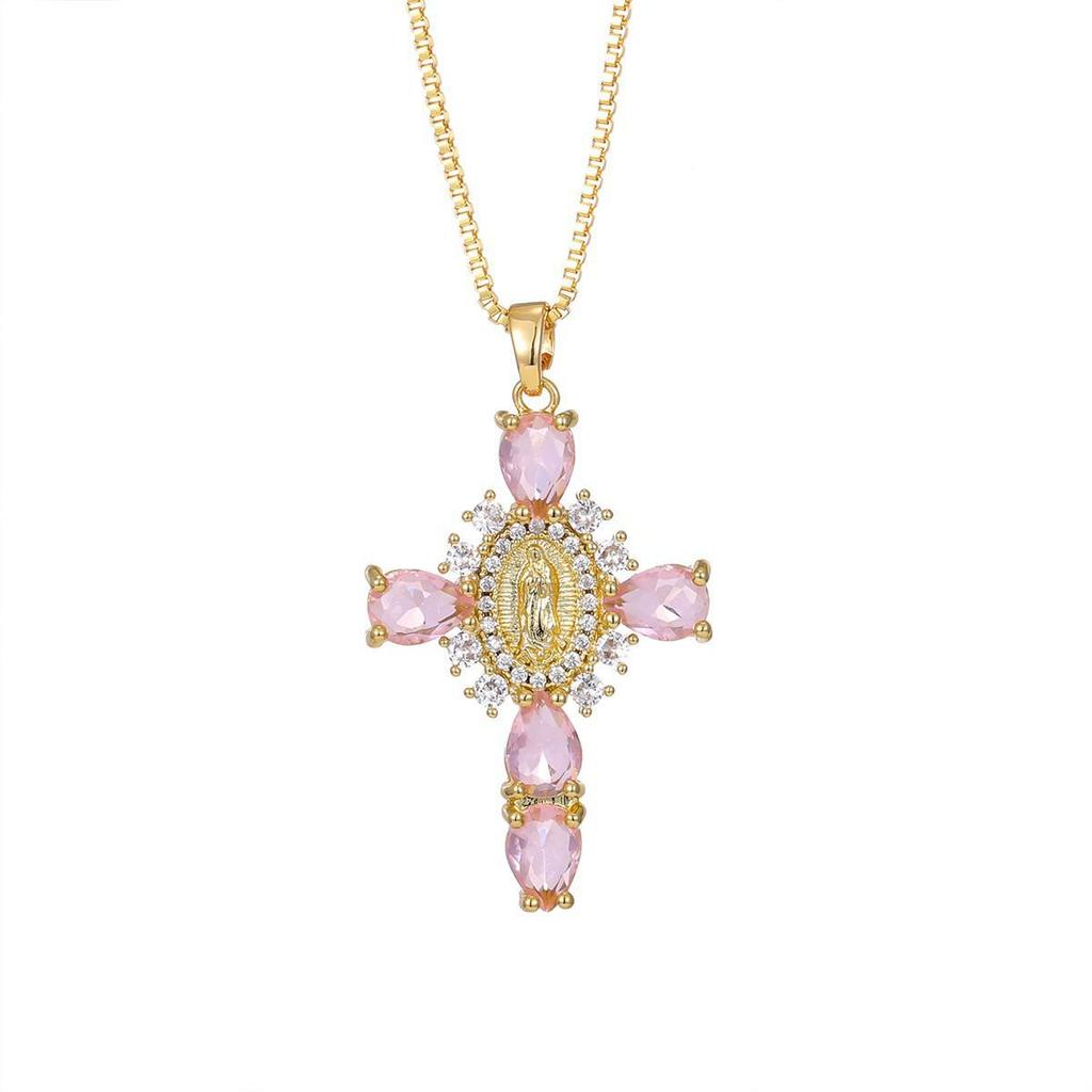 Gold-Plated Multi-Color Zirconia Cross Necklace with Full Diamond Design