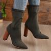 Womens Winter Stretch High Heel Ankle Boots Pointed Toe Chunky Slip-On Mid-Calf Boot Plus Size