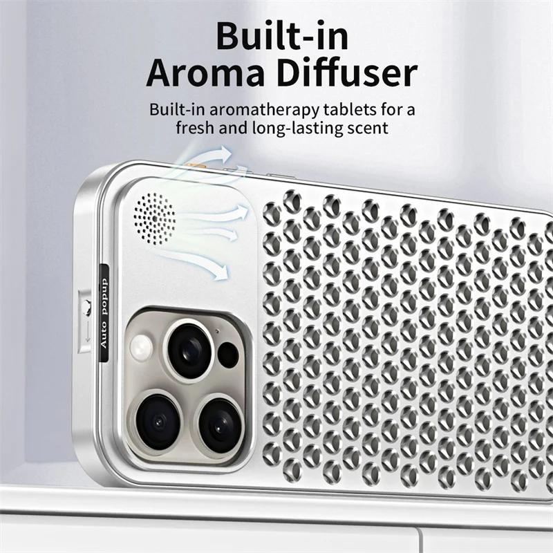 Metal Aluminium Hollow Cooling Phone Case for iPhone 17 14 13 15 16 Pro Max 17promax Aromatherapy Diffuser Detachable Rear Cover