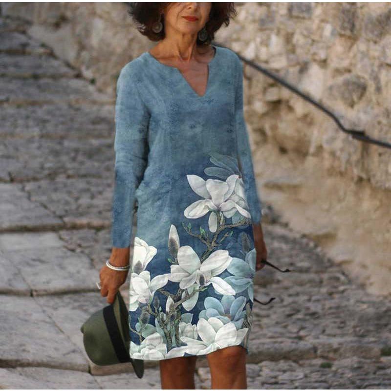 

JPNTKY Fashion Autumn Winter Long Sleeve V-Neck Casual Dresses XXXL