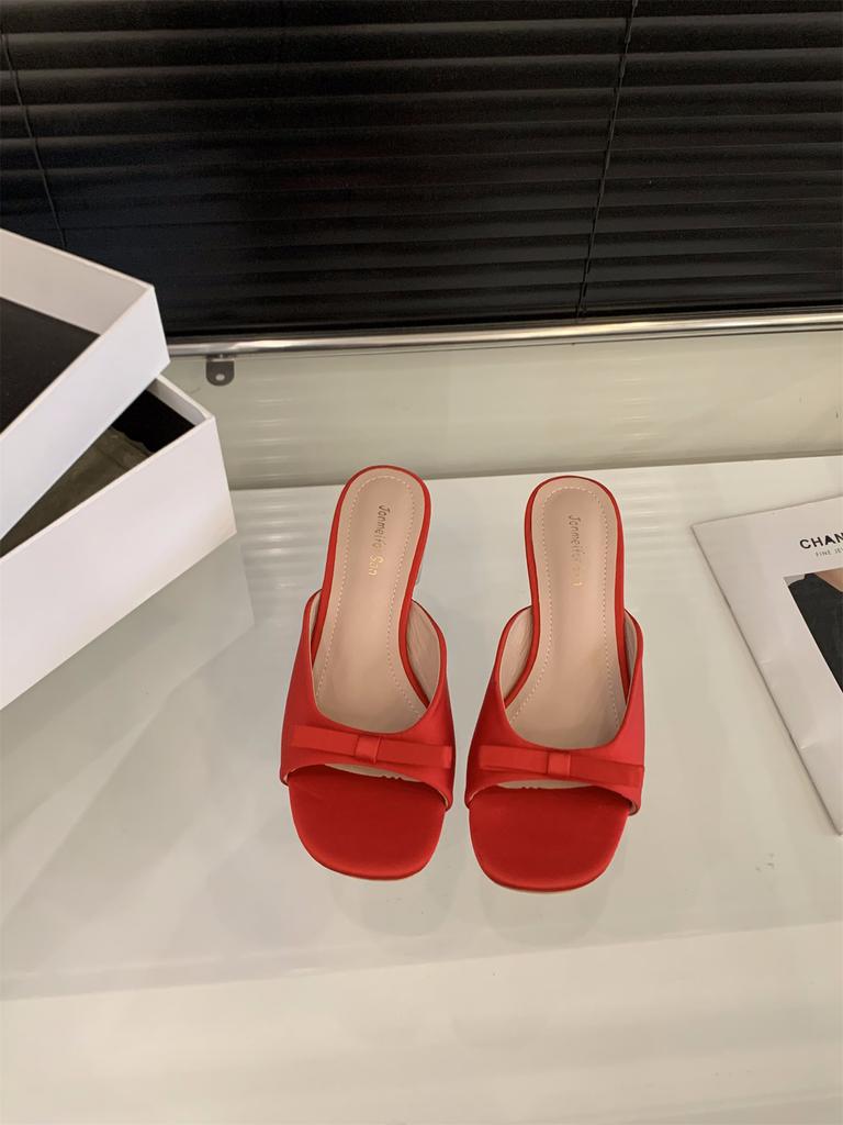 Transparent crystal thick heel bow satin French cool slippers women's shoes outer wear 2025 summer medium and high heel sandals