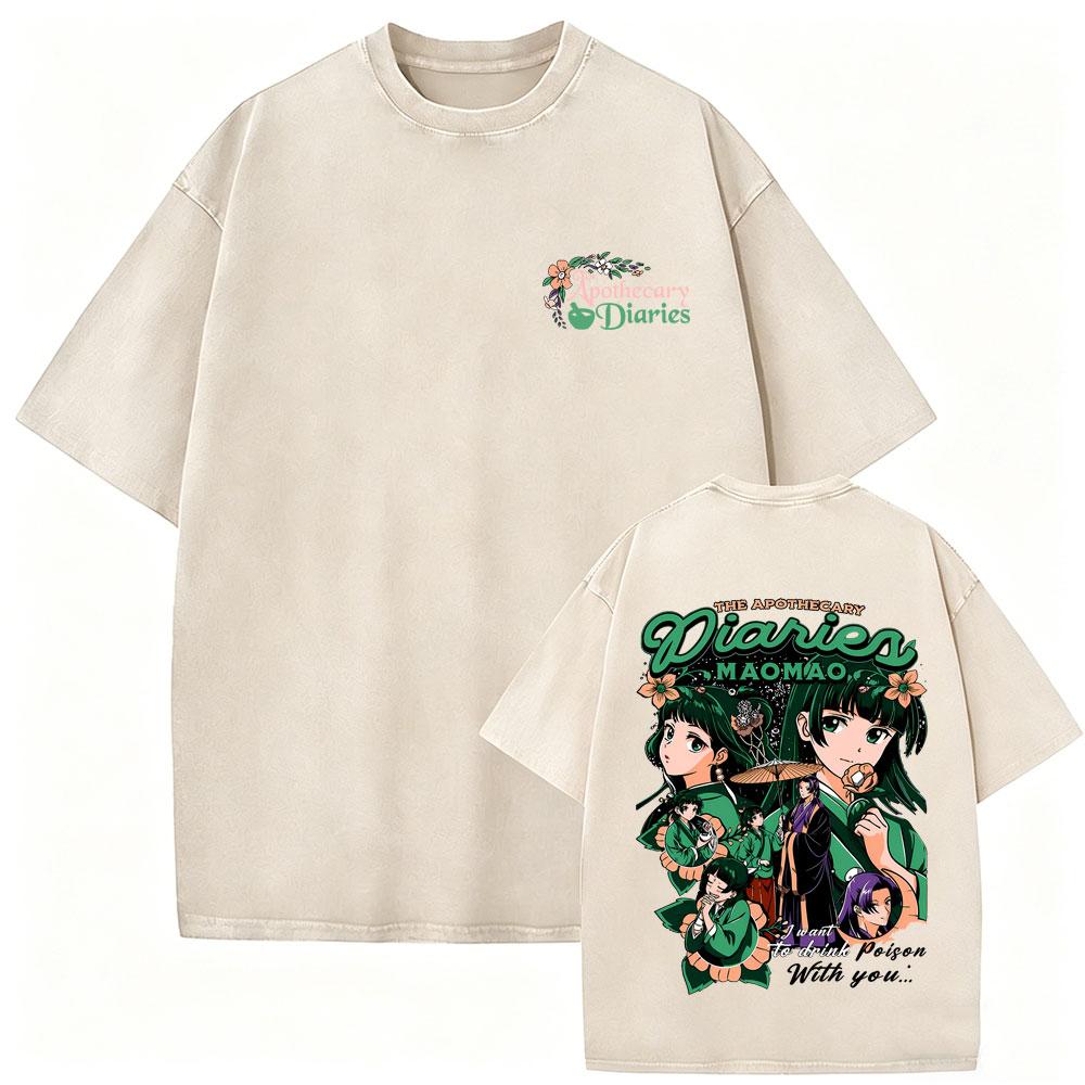 Camiseta Gráfica Lavada Vintage Anime The Apothecary Diaries Maomao para Hombre Mujer Casual Divertida Oversize Unisex Streetwear