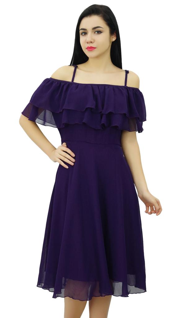 Bimba Women's Solid Georgette Off Shoulder Ruffle Plain Shift Dress