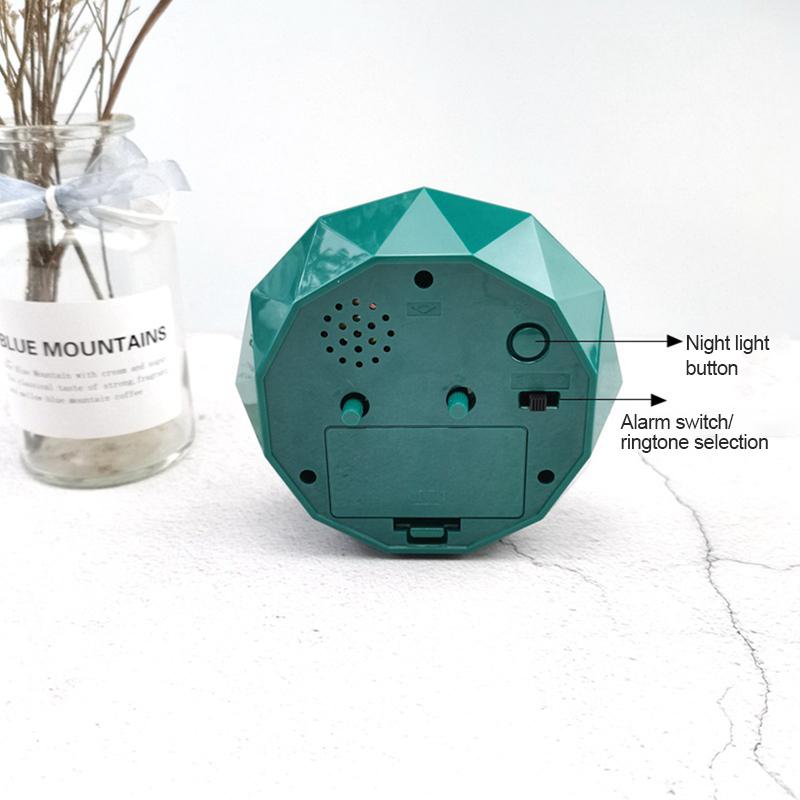 Round Alarm Clock Diamond-Shape Electronic Watch Small Mute Bedside Pointer Clocks Double Bell Silent Desk Table Decor Clock