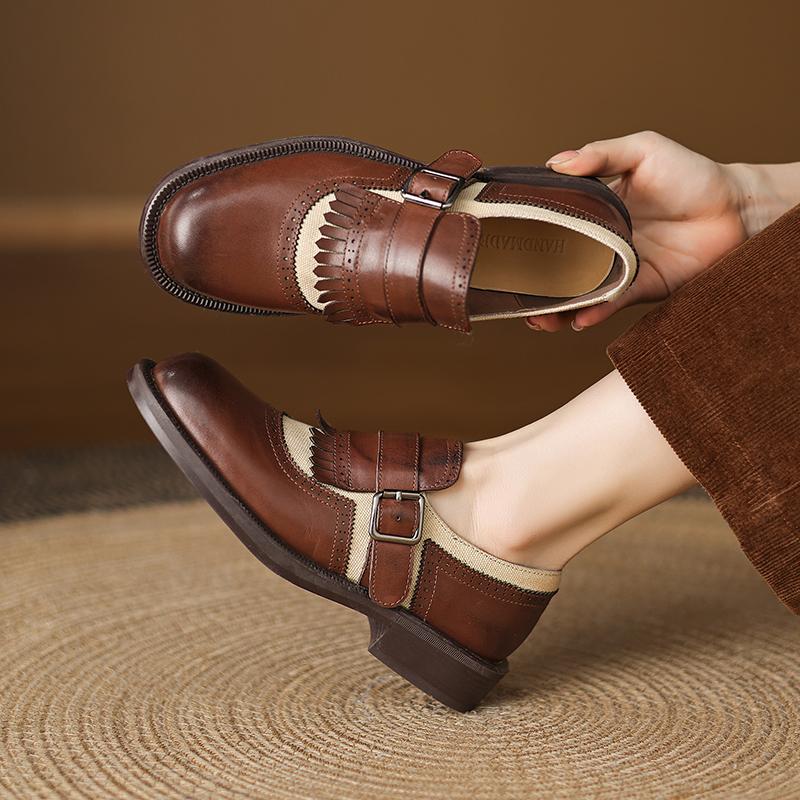 Fashion 2025 New Spring Retro Round Toe Leather Mid-heel Shoes for Women Retro High Heel Street Fashion Casual Shoes Pumps Women Shoes