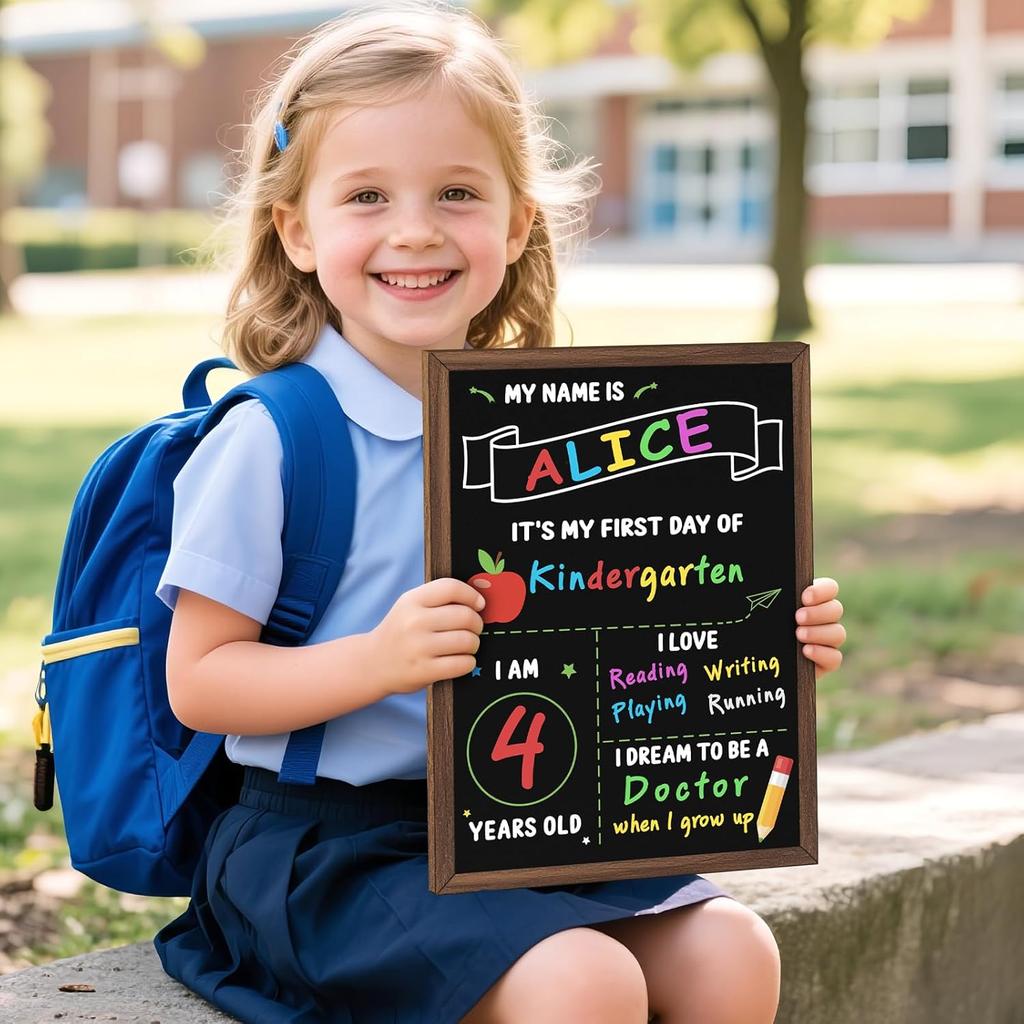 First & Last Day of School Board, 14 X 10.5 Inch Double Sided Back To School Chalkboard with Frame, Reble Wooden 1st Day of Preschool/Kindergarten