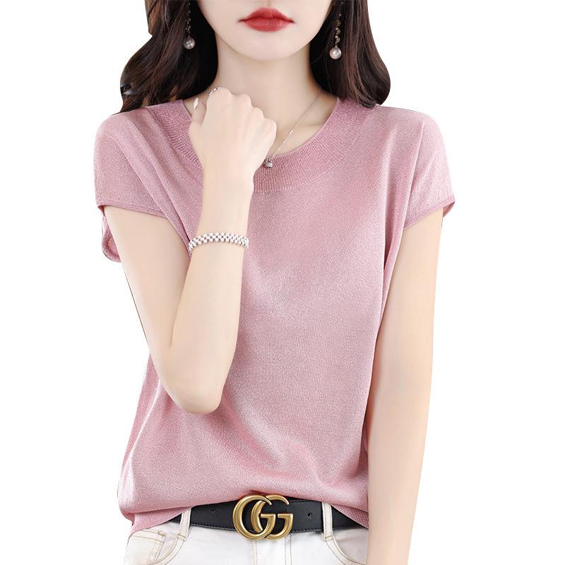 IHUASU Dámské ledové hedvábné tričko s krátkým rukávem léto světlé hedvábí temperament žerzej plátno halenka s výstřihem do O tenké univerzální volné