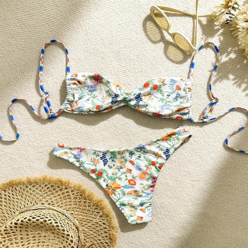 Costume da bagno intero floreale per bambina Bikini sexy con spalline da donna Schiena scoperta a pieghe Stretto di alta gamma