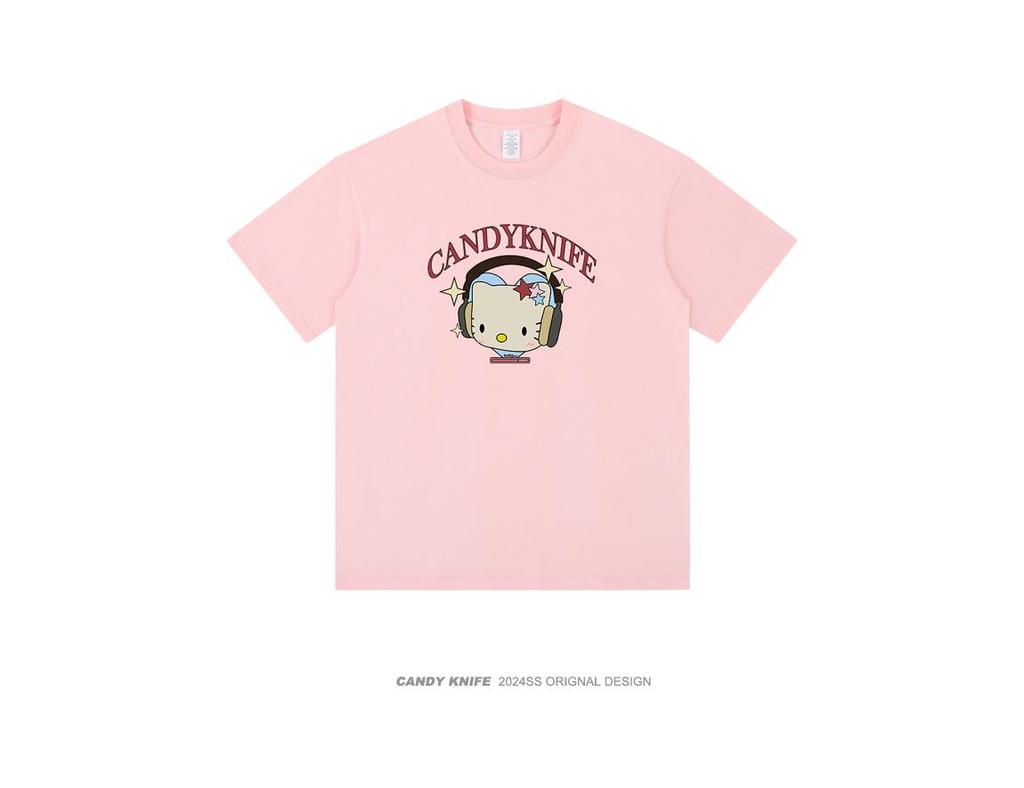 Unisex American Retro Cartoon Kitten Heavyweight Crew Neck T-Shirt