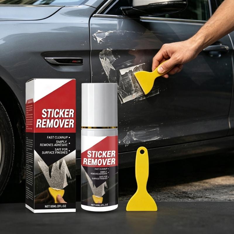 Sticker Remover for Cars 60 Ml with Scraper, Liquid Adhesive Cleaner for Label Cleanup, Tape Cleanup, Glass Trim Detailing and Door Work