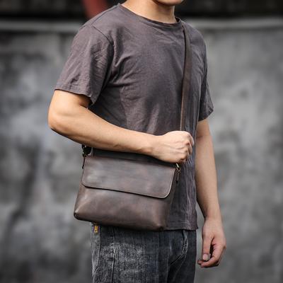 Umhängetasche aus echtem Leder, einfache Umhängetasche, Vintage, Crazy Horse Leder, klassische Klappe, Rindsledertasche