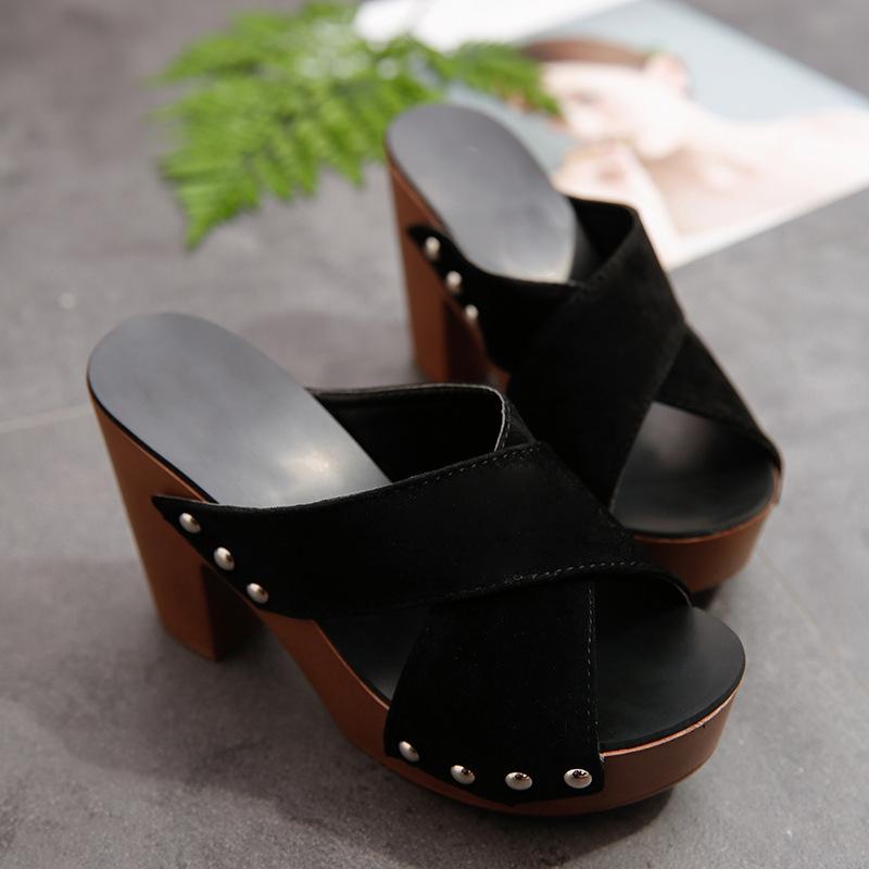 New Korean Version Open-toed Thick-soled Sandals Thick-heeled Waterproof Table Slippers Women's Cross-strap High-heeled Large-size Women's Shoes