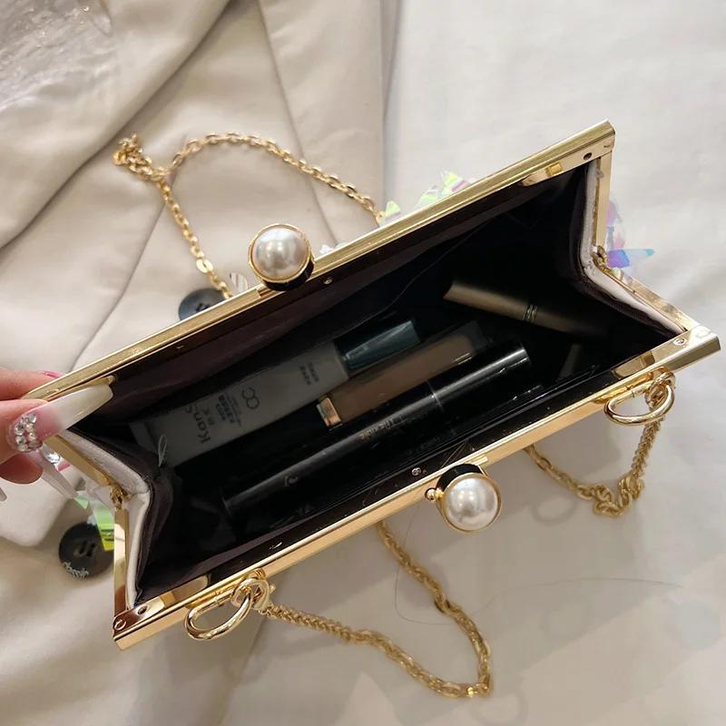 Sequin Messenger Bag for Women  Prom Clutch Shoulder Bags Classic Lock Shell Clip Fringe Handbags White Gold