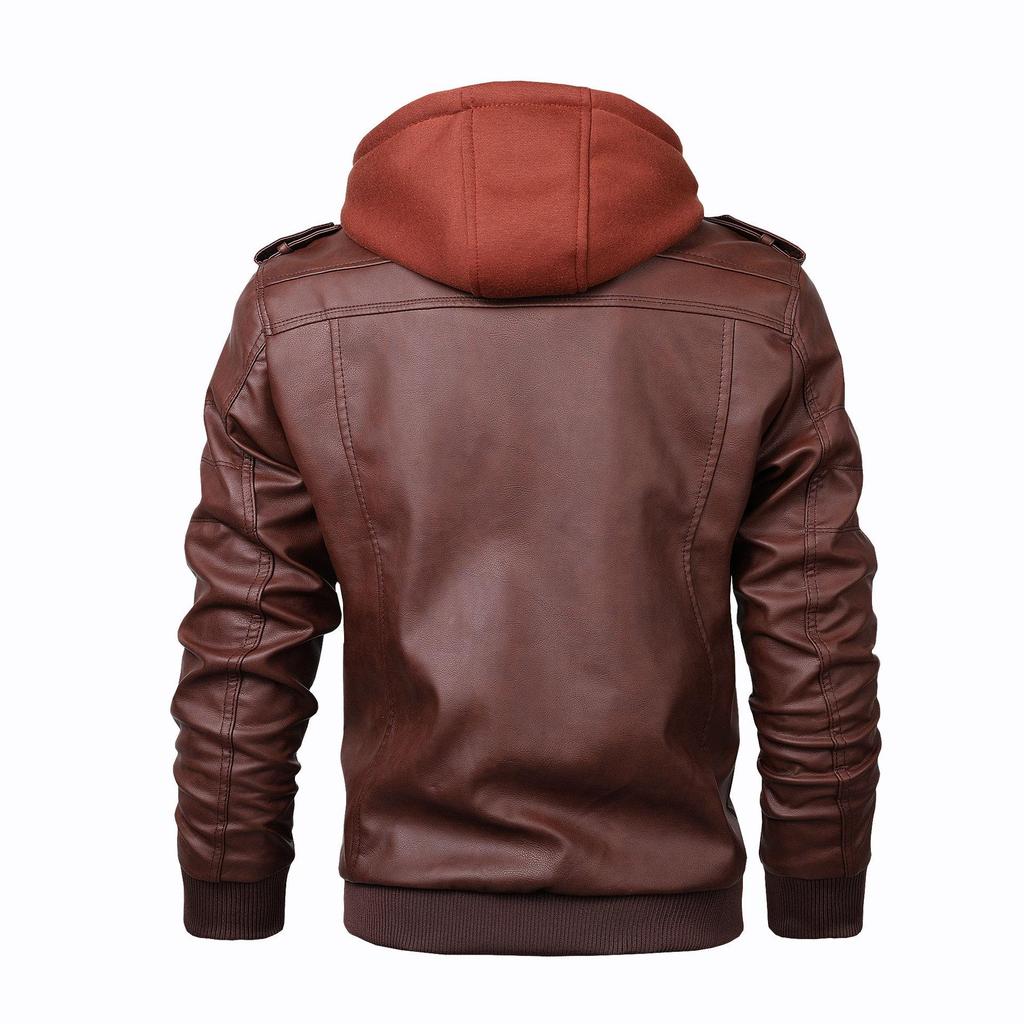 Hooded Leather Jacket Men's Trend European and American Casual Motorcycle Jacket Removable Hat Men's Leather Jacket