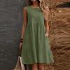 Women's Sleeveless Casual Sundress Cotton Linen A Line Dress with Pockets Summer Relaxed Fit Crew Neck Dress