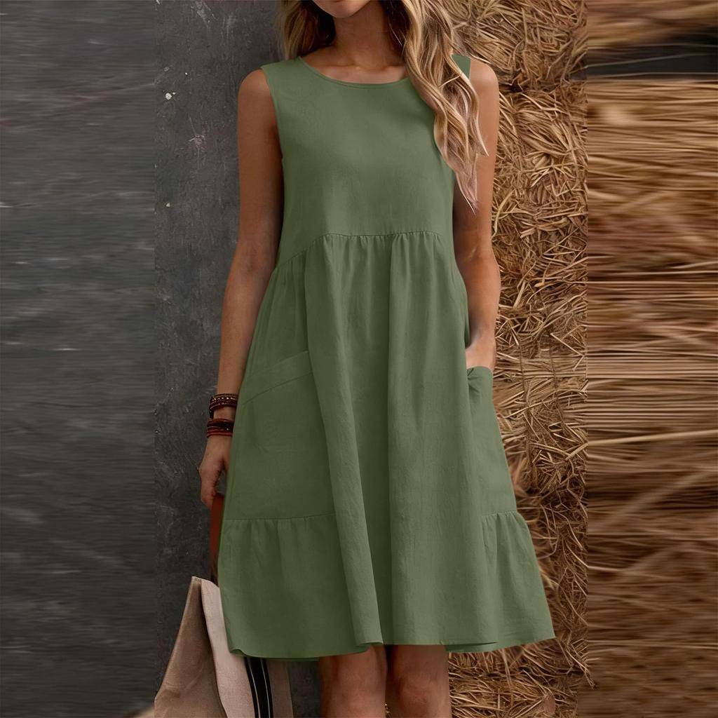 Women's Sleeveless Casual Sundress Cotton Linen A Line Dress with Pockets Summer Relaxed Fit Crew Neck Dress