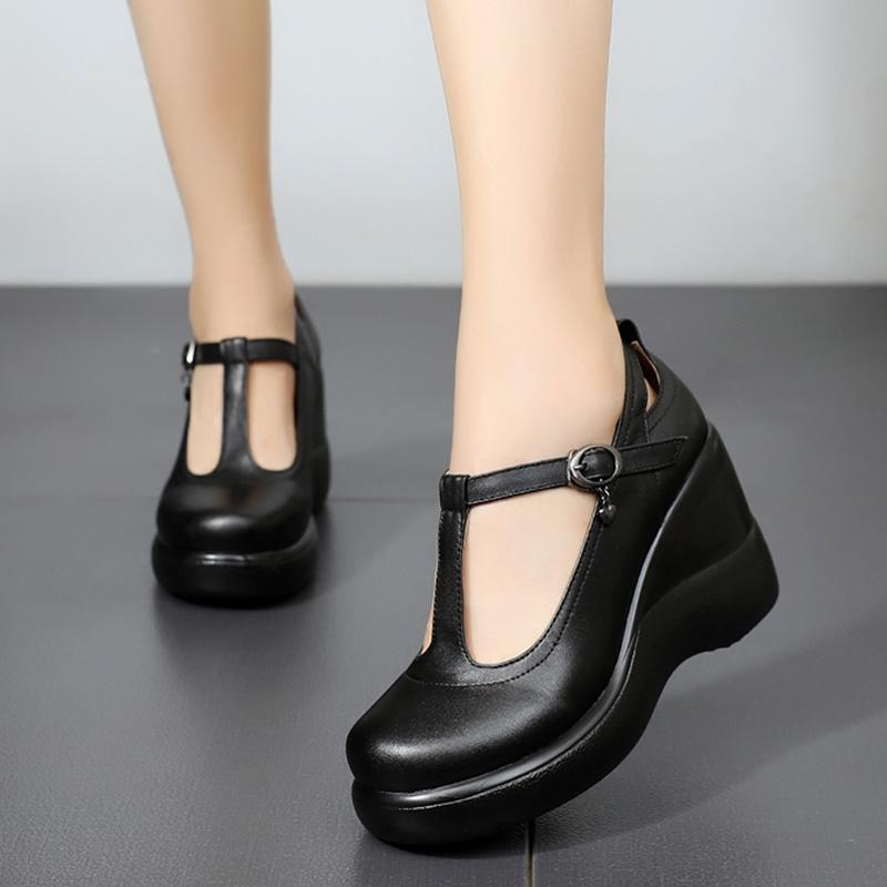 Fashion GKTINOO T-Strap Genuine Leather Wedges Shoes for Women 2025 High Heels Shoes Office Ladies Platform Shoes Mother Plus Size 34-43