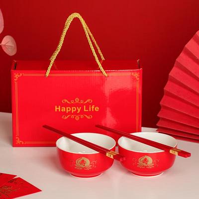 Chinese Red Ceramic Longevity Bowl Gift Set