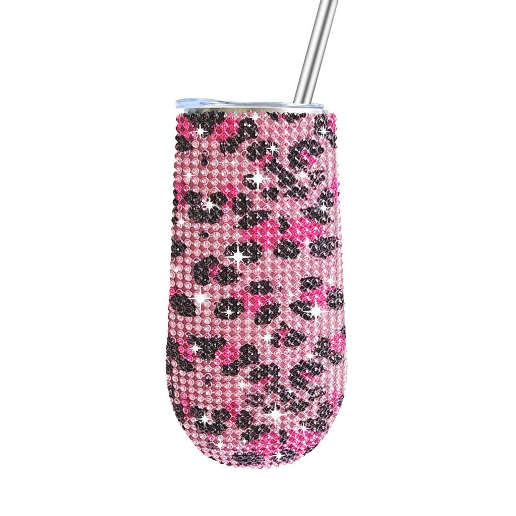 6oz Glänzender Diamant-Becher Bling Strass-Weinglas mit Strohhalm Edelstahl Isoliert Vakuum Champagnerbecher Tasse Eiform