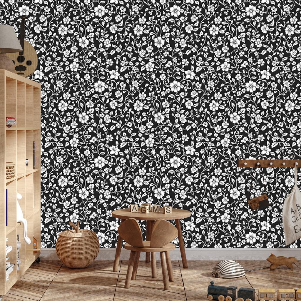 Wallpaper Black and white flowers graphite, gray center 50x1000