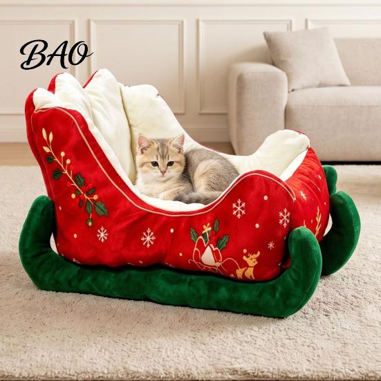 Durable Cat Nest Christmas Sleigh Shaped Pet Bed, Cozy Holiday Dog Sofa Anti?Slip Base Soft Suede House Cushion, Washable Sleeping Bed for
