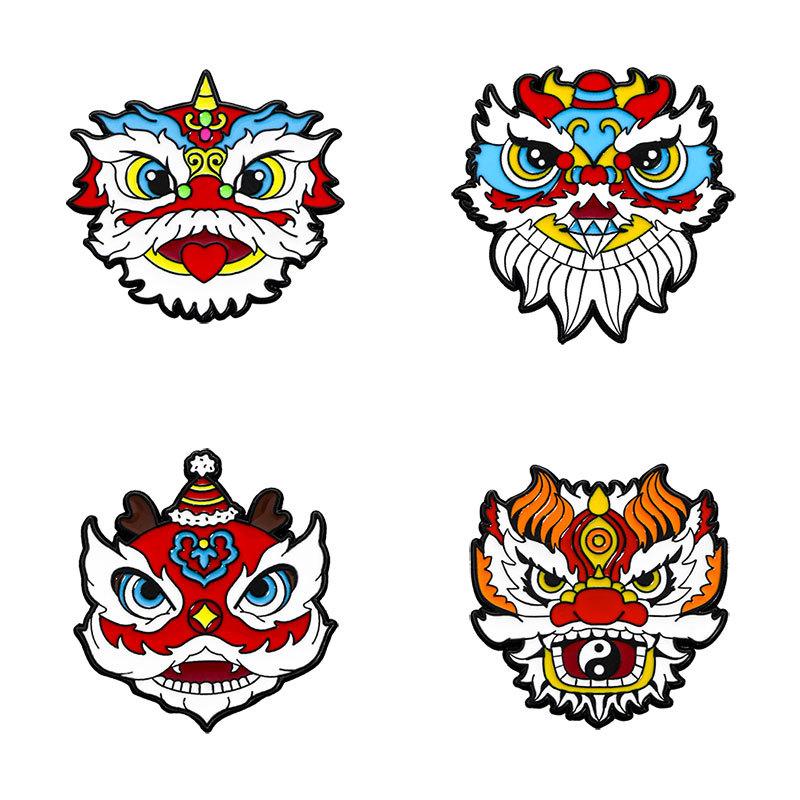 Chinese Style Cartoon Lion Dance Head Enamel Brooch Alloy National Trend Badge Pin New Year Spring Festival Clothing Decoration Accessory