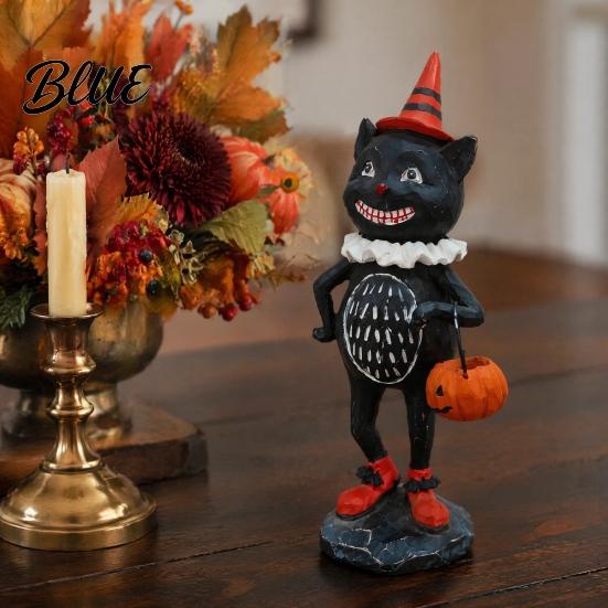 Cute Spooky Shelf Sitters Wooden Halloween Resin Figurines Pumpkin Scarecrow Wizard Owl Black Cat Decorative Crafts Statue Rustic Desktop