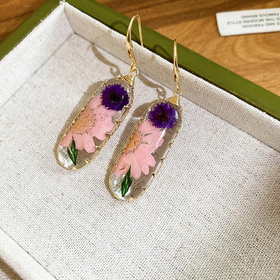 New Trendy Multicolor Clear Resin Geometrical Real Dye Flowers Drop Earrings for Women Real Gold Plated Copper Jewelry