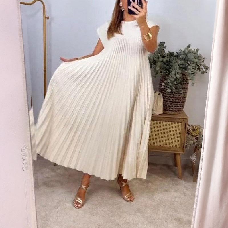 Moda de Verano Vestido Sólido de Talla Grande Mujer Cuello Redondo Manga Corta Suelto Plisado Vestidos Casuales Mujer Elegante Vintage Sencillo Slim Vestido de Dama 25546