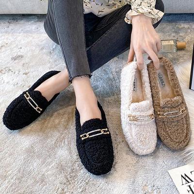Mocasines de Lujo Forrados con Piel de Oveja para Mujer Zapatos de Lana de Cordero para Señora Invierno Slip on Planos Peludos Algodón Lana Mocasín Mujer Botas Descalzas