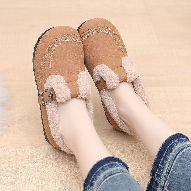 Doudou Woolen Lamb To Keep Warm In Autumn and Winter, New Flat-bottomed Birkenstock Retro Pedals, Velvet Lazy Cotton Shoes, Low-top Women's Shoes