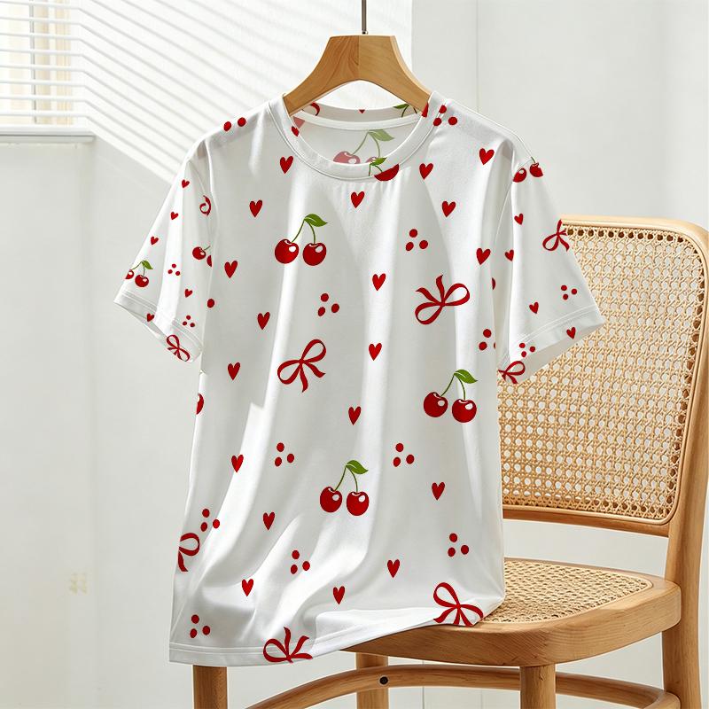 Women's Casual Cherry Print Short Sleeve T-Shirt: Soft & Breathable Cute Basic Top for Daily Wear & Coffee Shop Outings