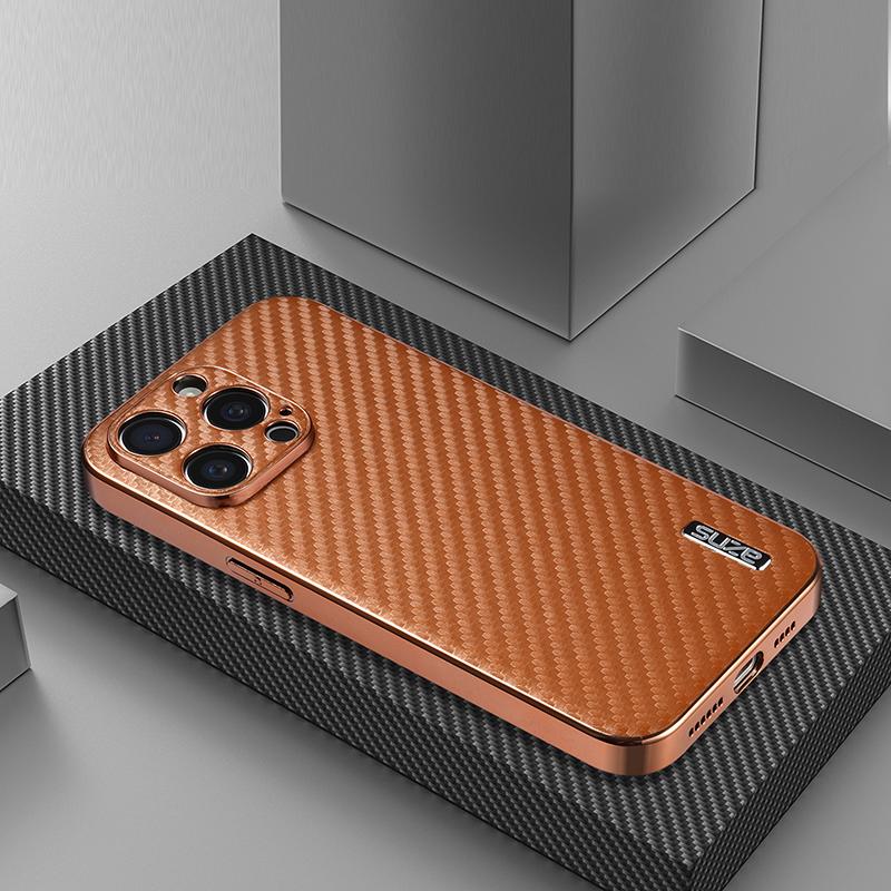 AZNS For iPhone 15 Pro Max Case Electroplating Carbon Fiber Texture PU+TPU Phone Cover