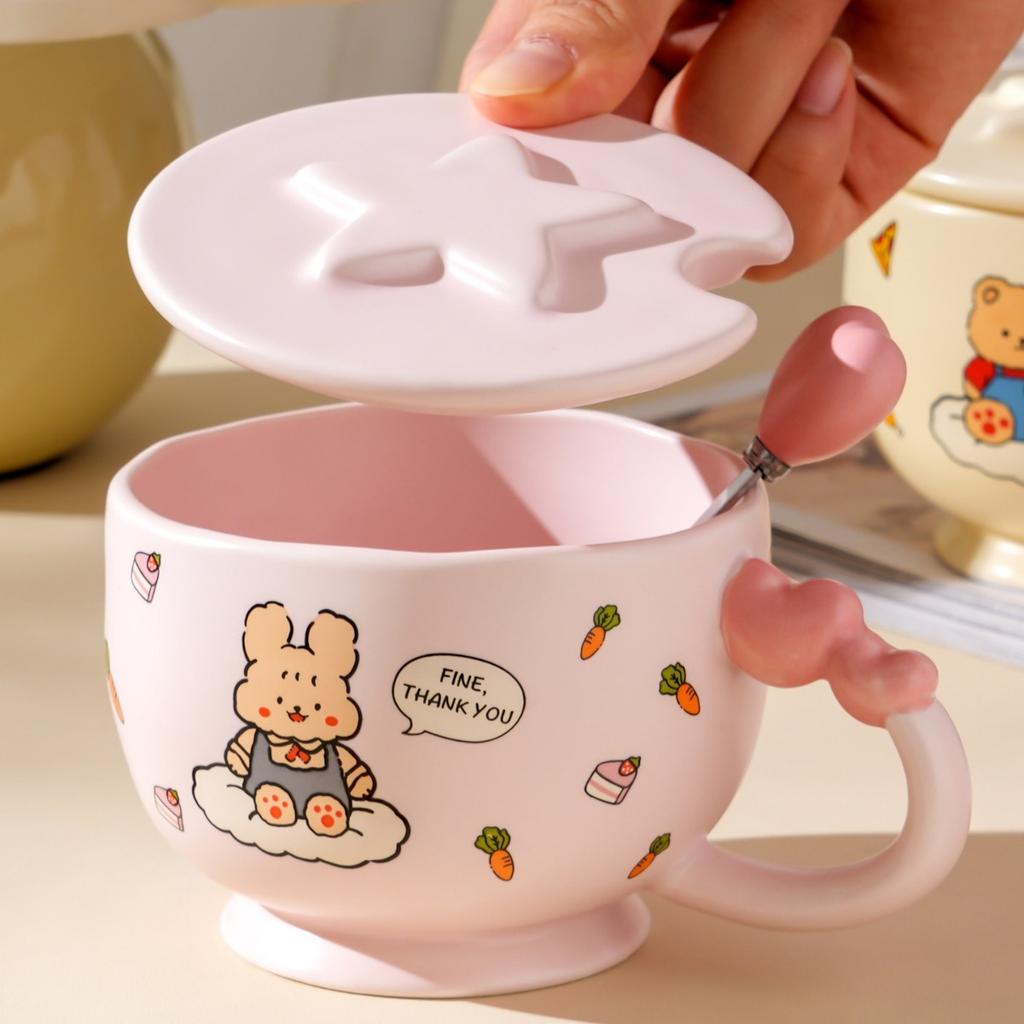 Ceramic Water Cup with Lid Spoon and Afternoon Tea Cup with High Appearance Mug Cartoon Ceramic Cup Cute Cup