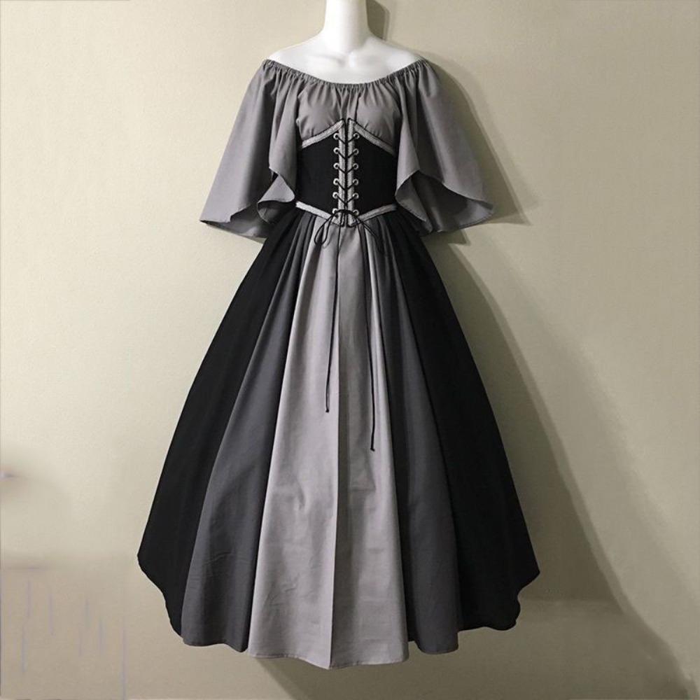 Women's Off‑Shoulder Half Sleeve Maxi Dress Loose Fit High Waist Vintage Renaissance Medieval Gown