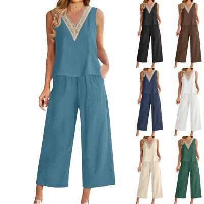 Damen Sommer V-Ausschnitt Baumwolle und Leinen Casual Solid Color Slim Weste Cropped Pants Set