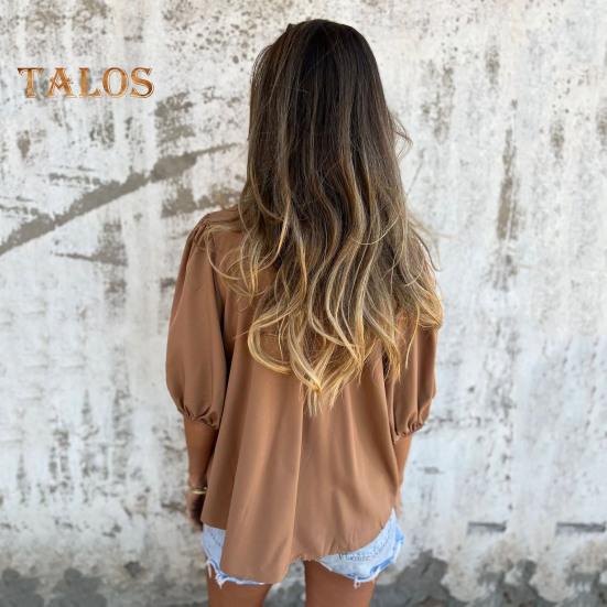 Camicia da donna abbottonata estiva a maniche corte a sbuffo con scollo a O, top casual a vestibilità ampia con pieghe per l'uso quotidiano, le vacanze