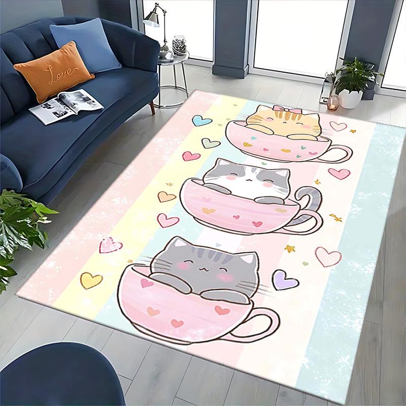 1pc Cute Cat In Teacup Chair Mat - Pastel Hearts Office Desk Pad, Non-Slip Rug for Home Decor, Suitable for All Seasons, Perfect Gift Idea.P051