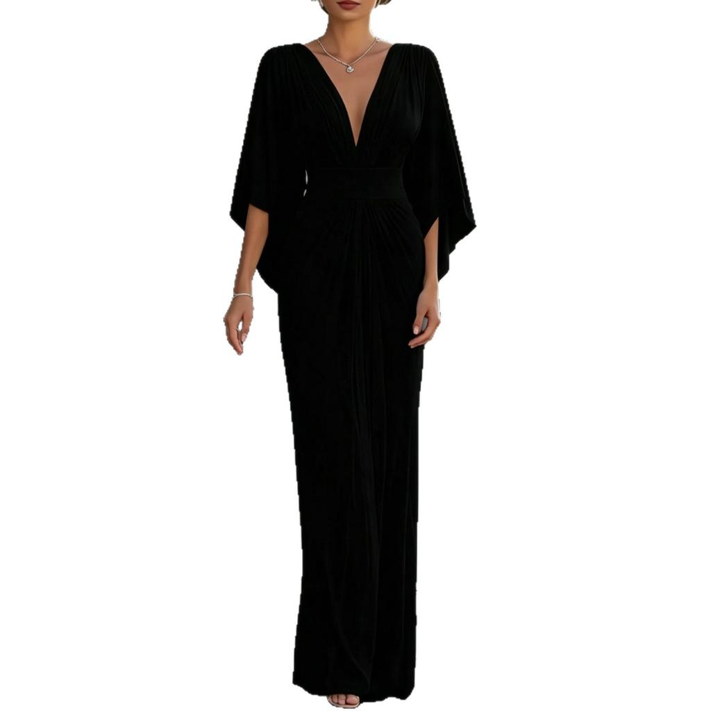 Damenbekleidung, Französisches V-Ausschnitt-Kleid mit Falten in der Taille, Fledermausärmel, schmales Kleiderröckchen