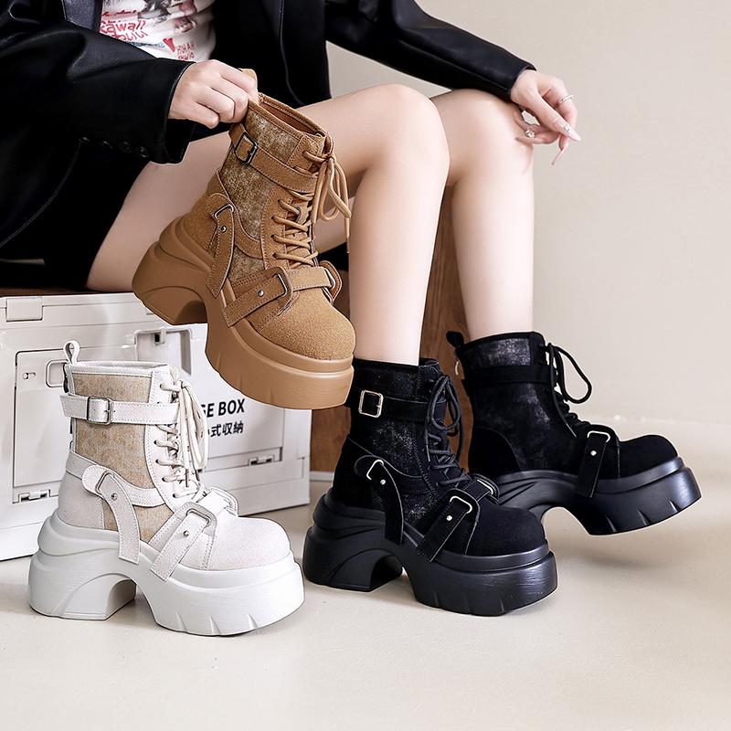 Fashion Designer Women's Short Boots New Autumn Winter Suede Leather Chunky Boots Gladiator High Platfom Buckle Goth Boots Mujer Zapatos