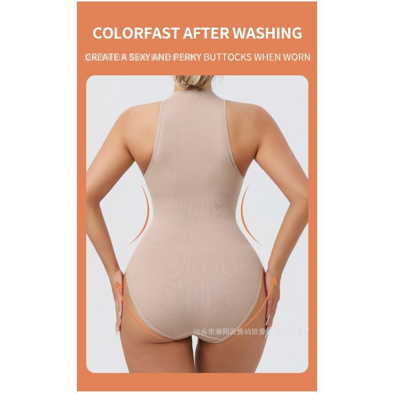 Round-neck, sleeveless, outerwear-friendly, button-down, form-fitting bodysuit with a tummy-tucking design and a thong-style shapewear
