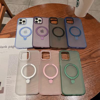 Metal Circular Bracket Holder Magsafe Case For Iphone 14 12 11 13 Pro Max Half Clear Acrylic Back Shockproof Cover