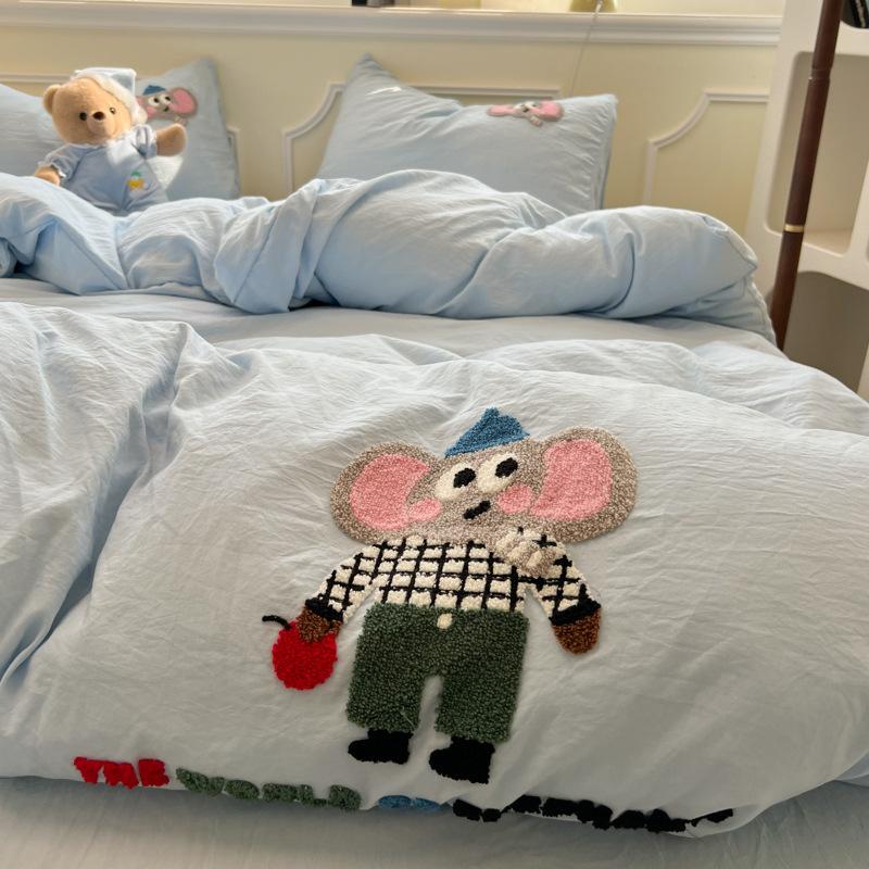 Cartoon Cotton Towel Embroidered Comforter Set Machine Washable Bed Linen Bedding Spring New Soft Breathable Fitted Sheet
