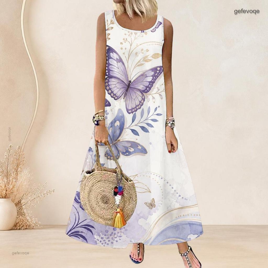 Women Plus Size Scoop Neck Sleeveless A Line Black Floral Butterfly Print Maxi Dress