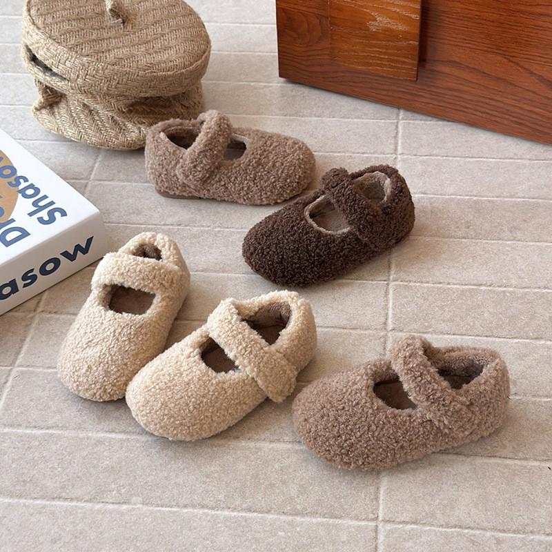 Girls Winter Warm Fuzzy Slipper Shoes With Soft TPR Sole Magic Tape Toddlers Kids